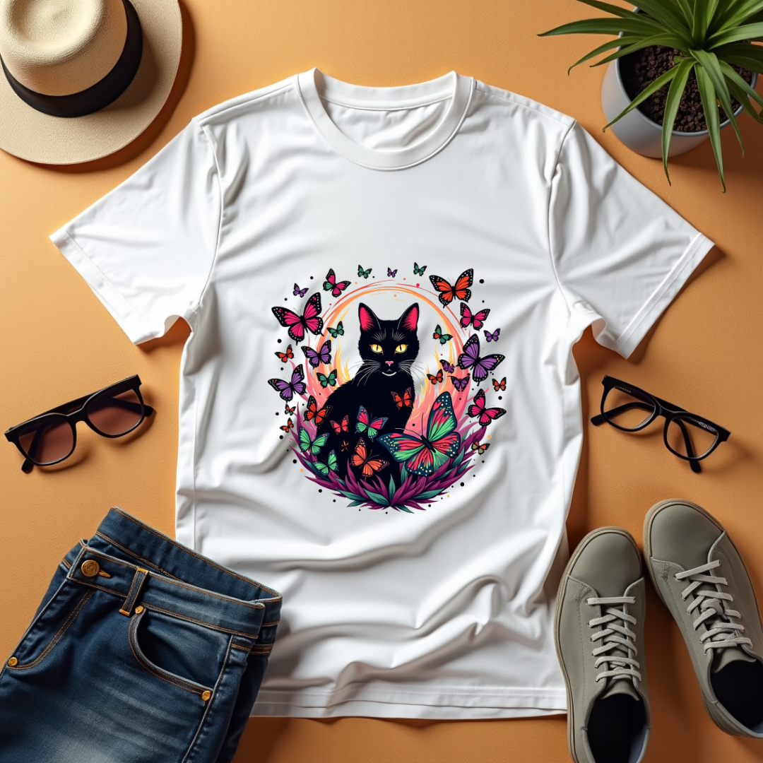 Vibrant swarm of butterflies flying around a cat Softstyle T-Shirt